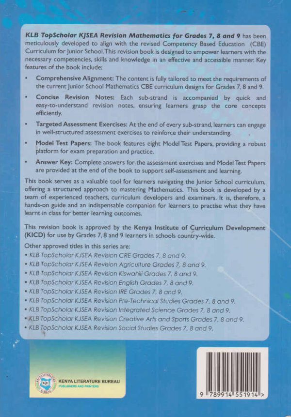 KLB Top Scholar KJSEA Mathematics Grade 7, 8 & 9